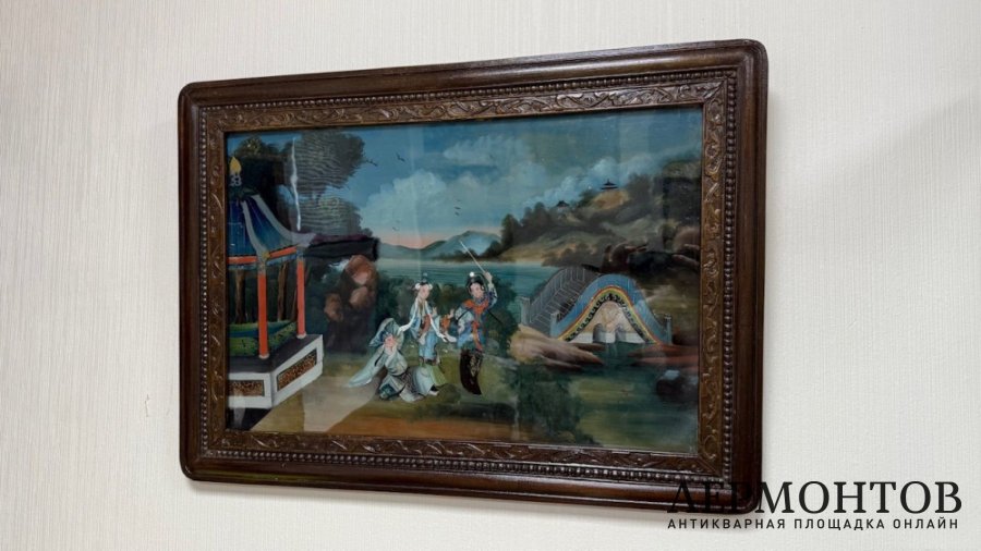 Картина с жанровой сценой. Китай, к. 19 - н. 20 в. Живопись на стекле.