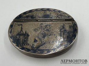 Табакерка Петр 1. Россия, 1 треть 19 века. Серебро 84 проба, чернь.