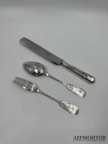 Набор «Эгоист»: ложка, вилка, нож. Серебро 84 пробы, Н. Павлов, Россия, 1908–1917 годы