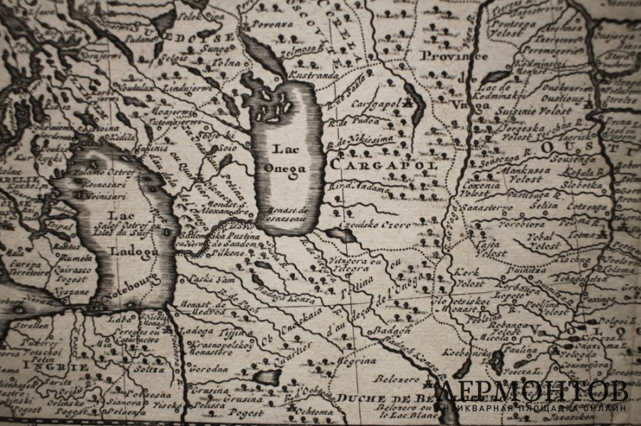 Карта. Север Европейской части России. Гравюра на меди. А. Олеарий. Амстердам, 1727 г