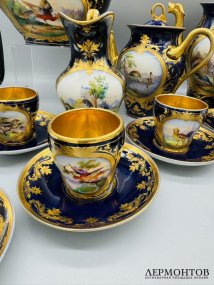 Кофейный сервиз с райскими птицами на кобальте. Фарфор, роспись, золочение, Германия, 19 век