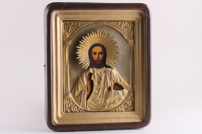 Икона "Господь Вседержитель " в латунном окладе. Россия, до 1917 года.