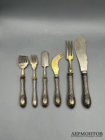 Сервировочный набор из 6 предметов. Серебро 84 пробы, сталь, Россия, 1908–1917 годы