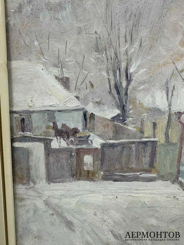Картина «Зима в деревне». Оргалит, масло, Б. Е. Владимирский, Россия, начало 20 века