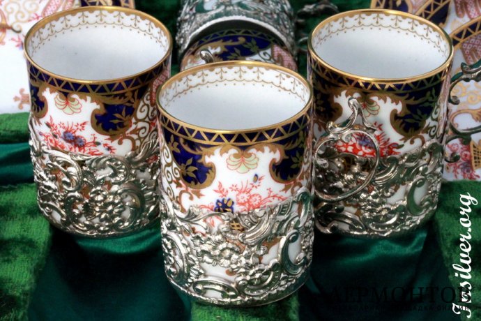 Кофейный сервиз Royal Crown Derby. Фарфор и серебро 925 пробы. Англия. Антиквариат