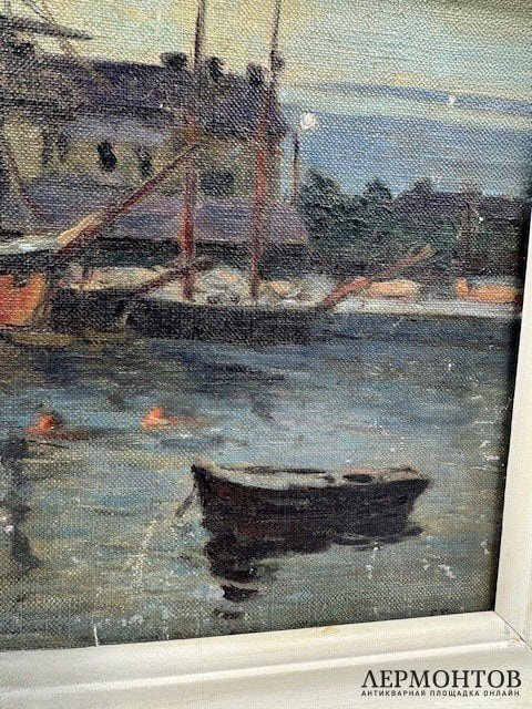 Картина «На причале». Оргалит, масло, предположительно Россия, 20 век