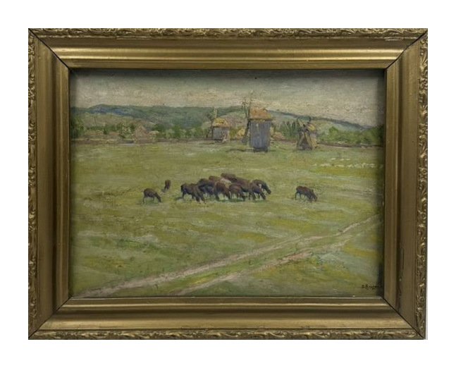 Картина «На пастбище». Оргалит, масло, Б. Е. Владимирский, Россия, начало 20 века