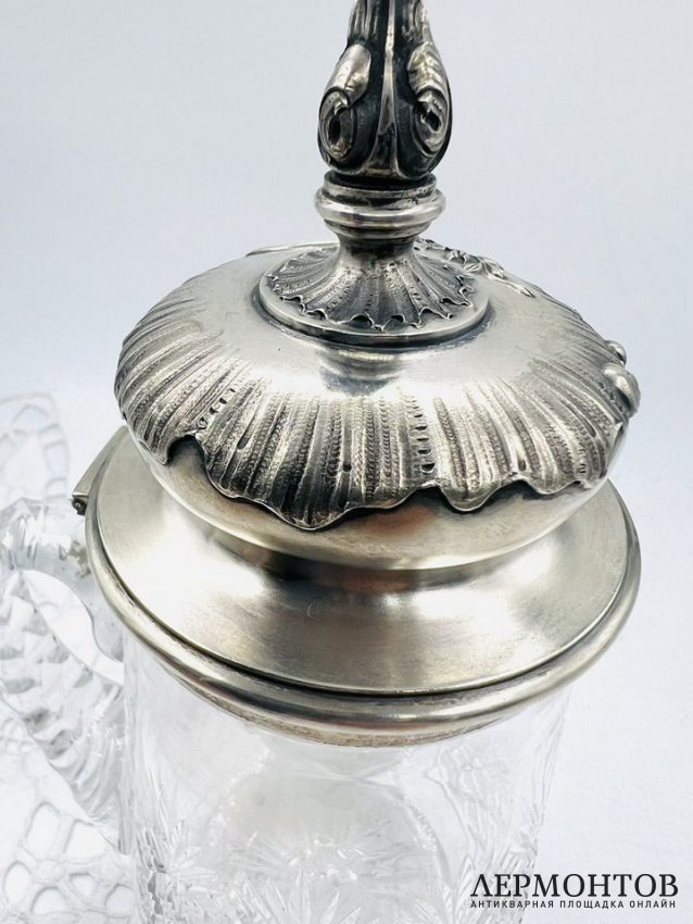 Пивная кружка с серебряной крышкой. Хрусталь, серебро 84 пробы, золочение, мастер ФК, Россия, 1899–1908 годы