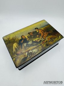 Лаковая шкатулка «Охотники на привале» по В. Перову. Папье-маше, роспись, Мстёра, художник Гурьянов, СССР, 1956 год
