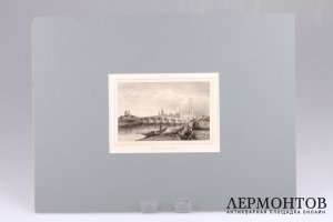 Гравюра. Москва. Вид на Большой Каменный мост. 1838 год. Гравер Лалес. Франция