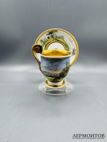 Чайная пара в стиле ампир с пейзажем. Фарфор, роспись, Франция, 19 век