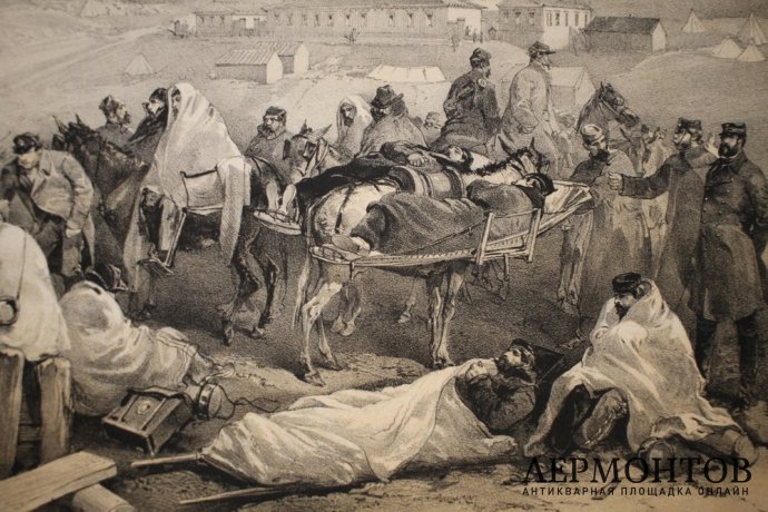 Литография. Эвакуация раненых в Балаклаве. Крымская война. Симпсон. Лондон, 1855 г.