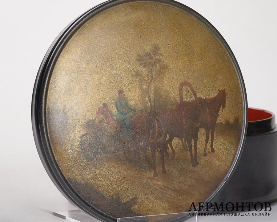 Шкатулка «Дорожная сцена». Папье-маше, фабрика Вишнякова, Россия, 1885–1895 годы