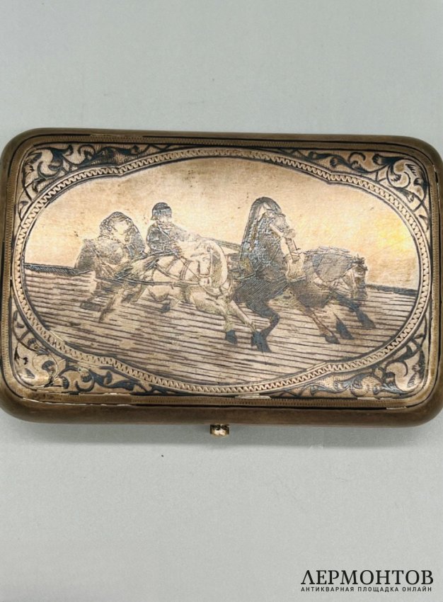 Портсигар «Русская тройка». Серебро 84 пробы, чернь, И. Футикин, Россия, 1886 год