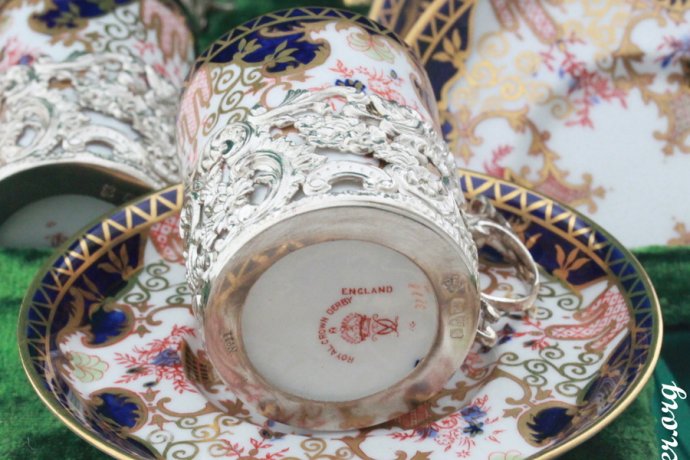 Кофейный сервиз Royal Crown Derby. Фарфор и серебро 925 пробы. Англия. Антиквариат
