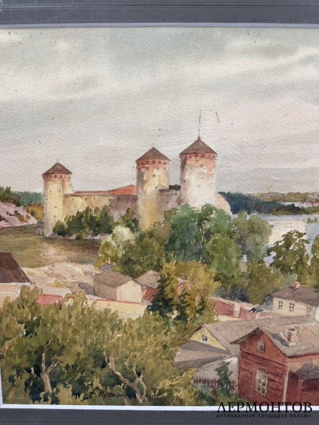 Картина «Крепость на берегу озера». Картон, акварель, Россия, 1913 год
