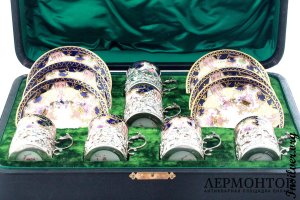 Кофейный сервиз Royal Crown Derby. Фарфор и серебро 925 пробы. Англия. Антиквариат