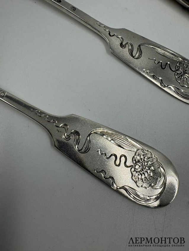 Набор «Эгоист»: ложка, вилка, нож. Серебро 84 пробы, Н. Павлов, Россия, 1908–1917 годы