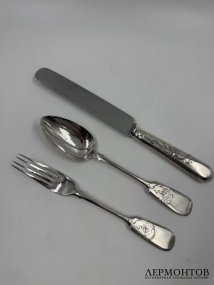 Набор «Эгоист»: ложка, вилка, нож. Серебро 84 пробы, Н. Павлов, Россия, 1908–1917 годы