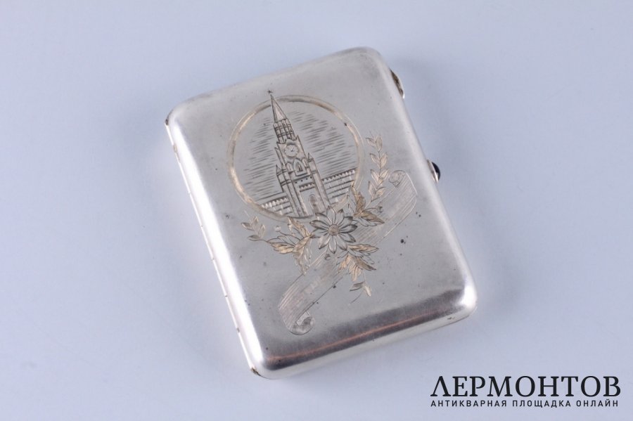 Портсигар. Спасская башня. Артель Московский ювелир. Серебро 875 пробы. СССР, 1955 г.
