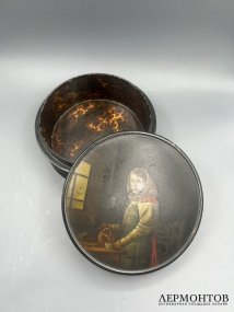 Шкатулка «Девочка с кувшином». Папье-маше, роспись, лак, мастерская Вишняковых, Россия, конец 19 века