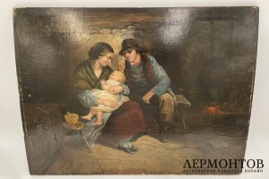 Картина Семейная сцена. Германия, середина 19 века, художник T. R. H. Дерево, масло.