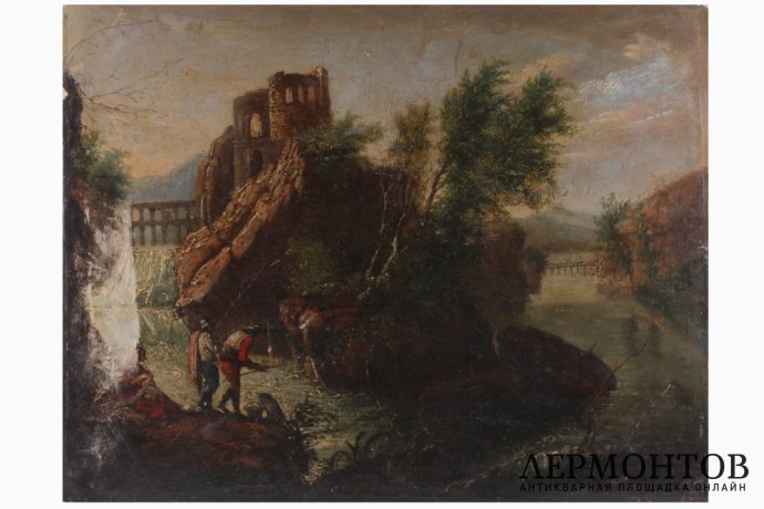 Картина. Пейзаж с руинами замка. Неизвестный художник. Холст, масло. Европа, XX в.