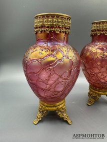 Парные вазы в стиле модерн. Радужное стекло, латунь, Loetz, Богемия, 1900-е годы