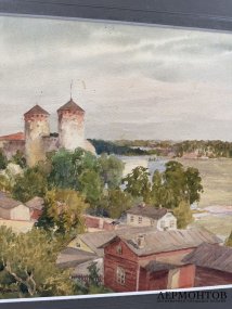 Картина «Крепость на берегу озера». Картон, акварель, Россия, 1913 год