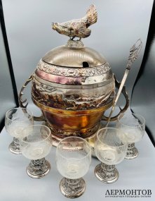 Крюшонница «Охота на кабана» с половником и 5 бокалами. Металл, стекло, WMF, Германия, конец 19 — начало 20 века