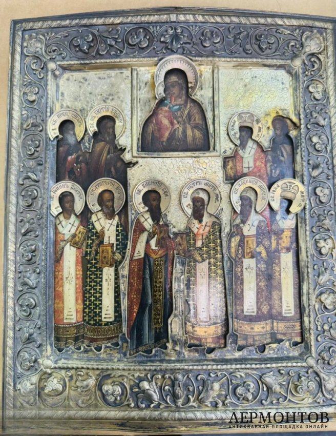 Икона «Феодоровская Божия Матерь и Собор святых». Серебро 84 пробы, 28-я артель, Россия, 19 — начало 20 века
