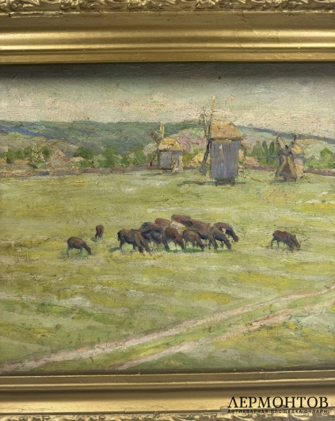 Картина «На пастбище». Оргалит, масло, Б. Е. Владимирский, Россия, начало 20 века