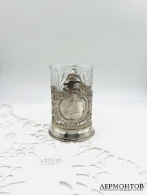 Подстаканник в неорусском стиле со стаканом. Серебро 84 пробы, мастер МВ, Россия, 1899–1908 годы