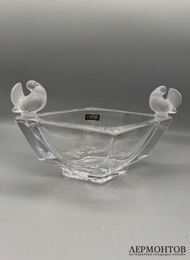 Ромбическая ваза для фруктов с птичками. Хрусталь, Cristal de Sèvres, Франция, 20 век