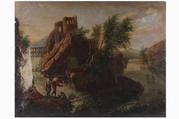 Картина. Пейзаж с руинами замка. Неизвестный художник. Холст, масло. Европа, XX в.