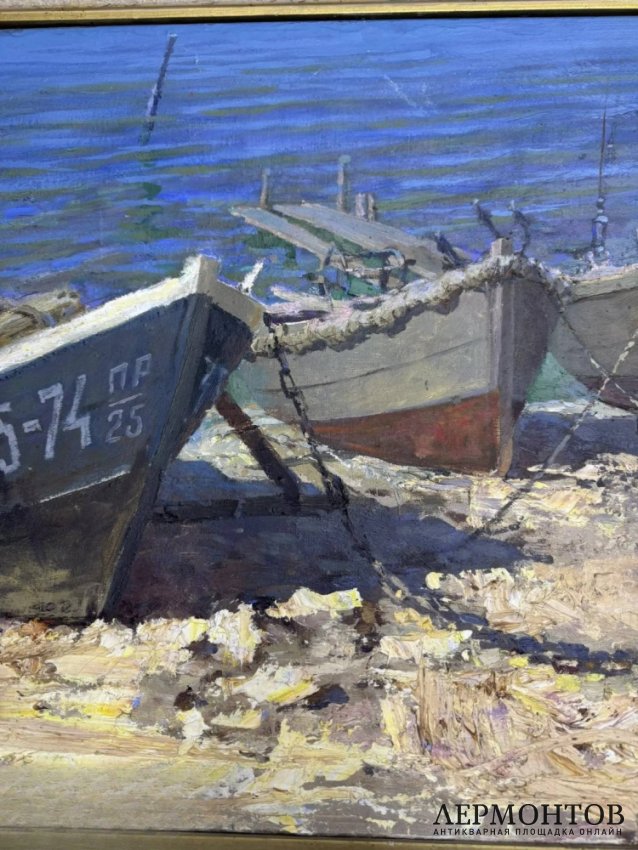 Картина «Лодки на причале». Холст, масло, СССР, середина 20 века