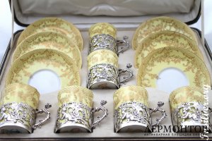 Кофейный сервиз Wedgwood & William Comyns. Фарфор и серебро 925 пробы. Англия