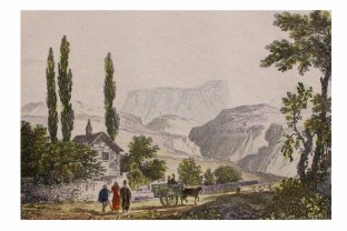 Гравюра с акварельной подкраской. Крым. Гора Чатыр-Даг. 1842 год.
