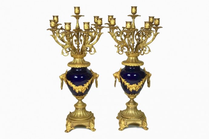 Старинные парные канделябры. Кобальтовый фарфор, бронза. Европа, XIX в.