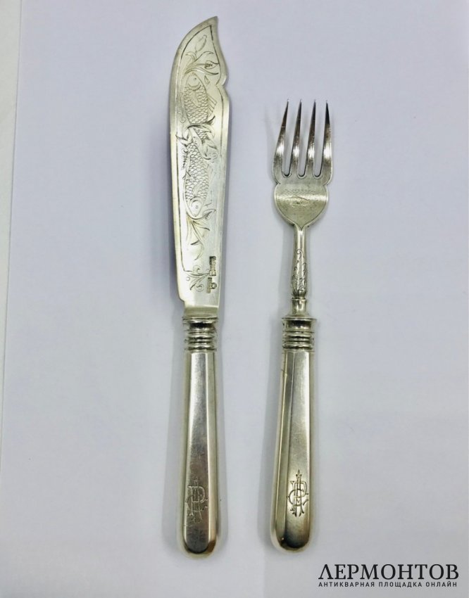 Набор для рыбы (эгоист). Серебро 84 пробы, П. Овчинников, Россия, 1891 год