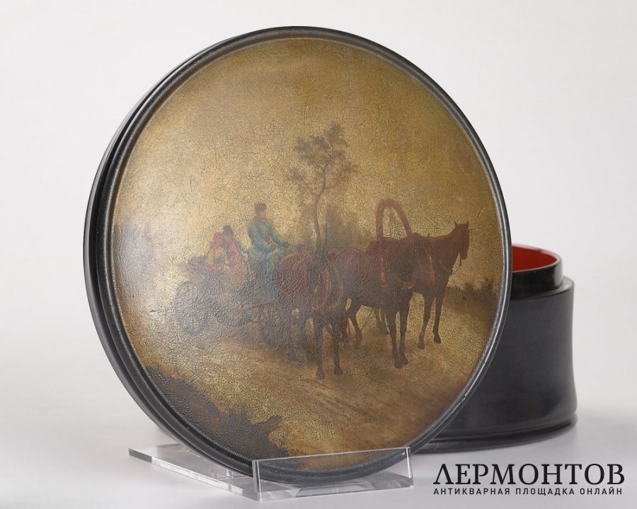 Шкатулка «Дорожная сцена». Папье-маше, фабрика Вишнякова, Россия, 1885–1895 годы