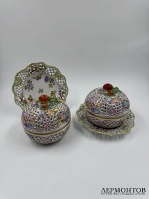 Ажурная шкатулка с крышкой-клубникой. Фарфор, роспись, Herend, Венгрия, 20 век