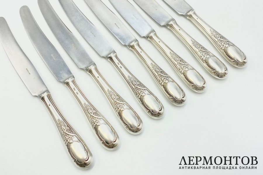 Набор столовых ножей 8 шт. СССР, клеймо Киiв, 1950-е гг. Серебро 875 пробы. Металл.