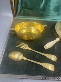Дорожный набор для завтрака в коробке. Серебро 950 пробы, Christofle, Франция, конец 19 века