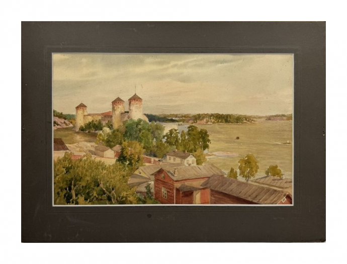 Картина «Крепость на берегу озера». Картон, акварель, Россия, 1913 год