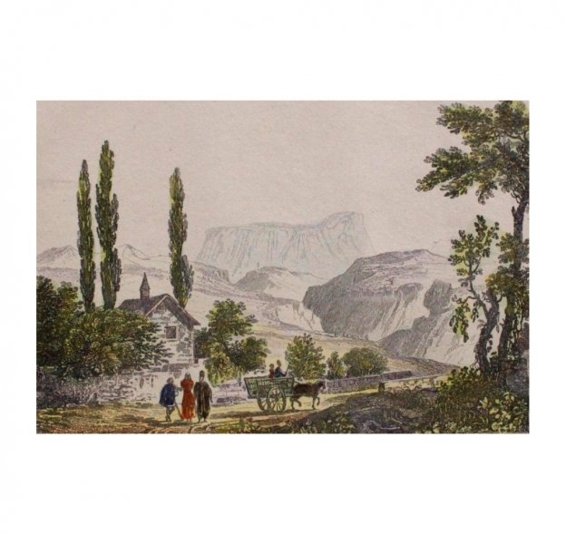 Гравюра с акварельной подкраской. Крым. Гора Чатыр-Даг. 1842 год.