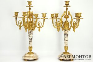 Каминный гарнитур - часы и канделябры. Бронза, мрамор. Франция, 1870-80е гг.