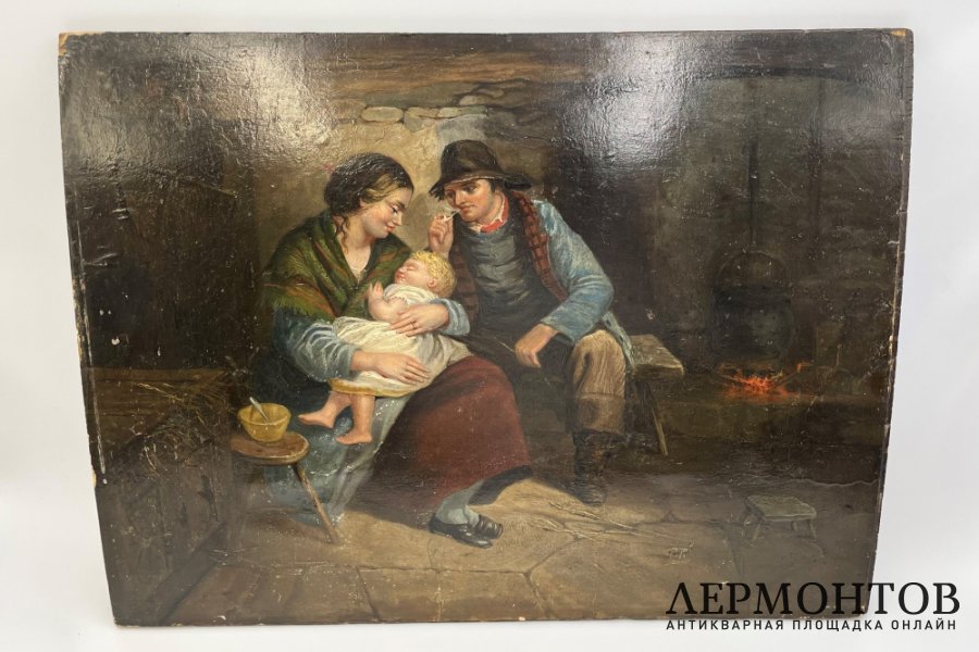 Картина Семейная сцена. Германия, середина 19 века, художник T. R. H. Дерево, масло.