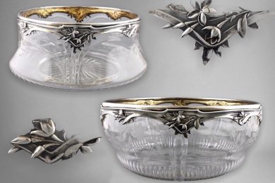 Парные вазы в стиле ар нуво. Серебро 950 пробы, стекло. Франция, кон. XIX - нач. XX.