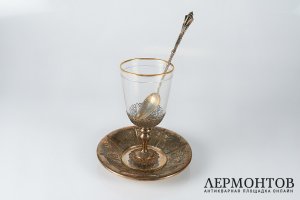 Десертный набор. Серебро 950, стекло, золочение. Франция,  XIX век. 